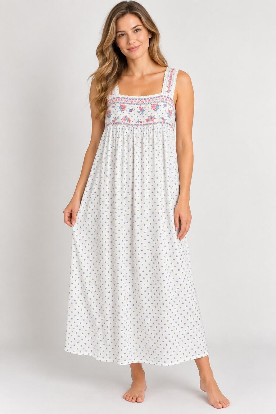 April Cornell Cotton White Blue Polka Dot Floral Nightgown XXL